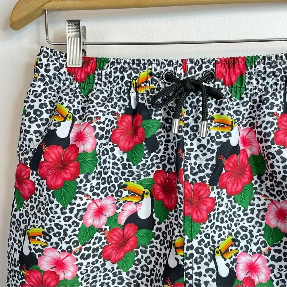 Franks Broadbeach Quick dry Tropical Toucan floral leopard swim trunks shorts M